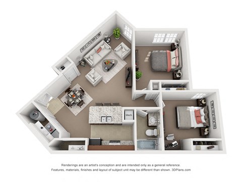 Floor plan for 2 beds, 1 bath, 848 sqft